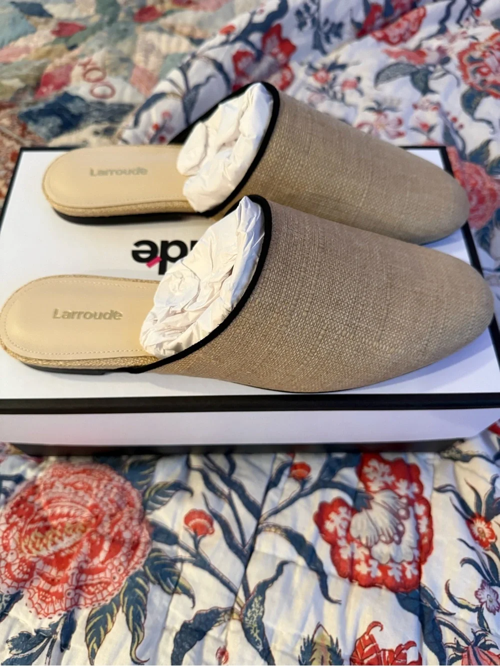 Larroude Natural Beige Slip-On Loafers with Black Trim